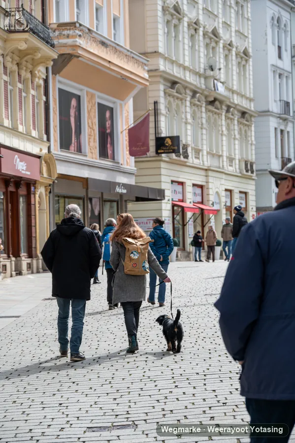 People walking through an old street