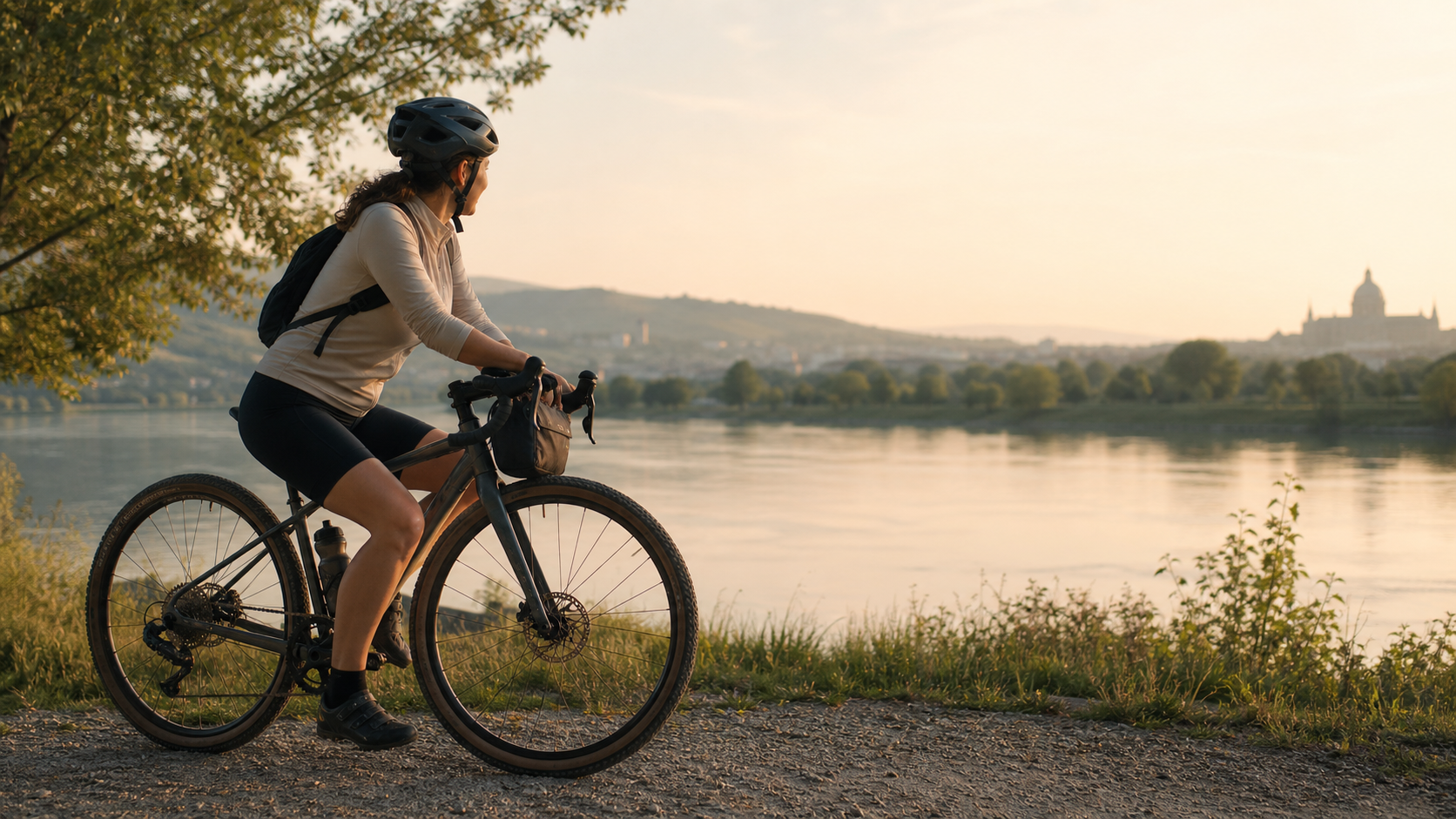 Mara rides a gravel bike beside a river in warm evening light