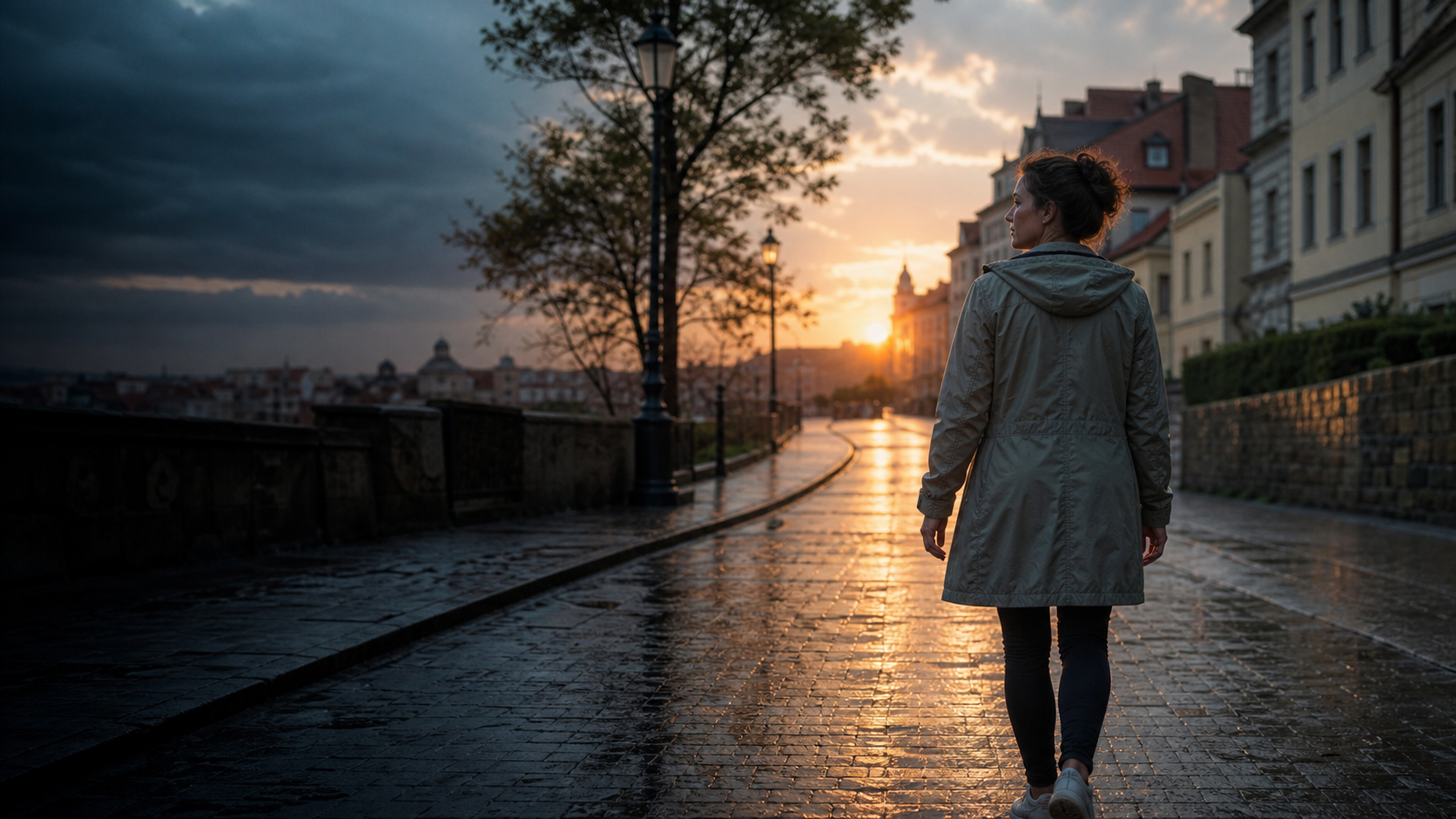A woman begins a quiet walk through the city at sunrise after rain