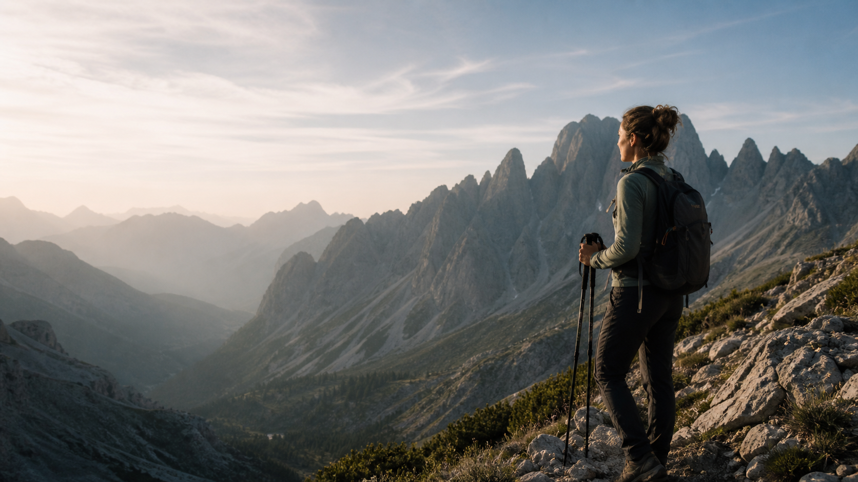 Mara pauses with trekking poles on a high trail in the Dolomites