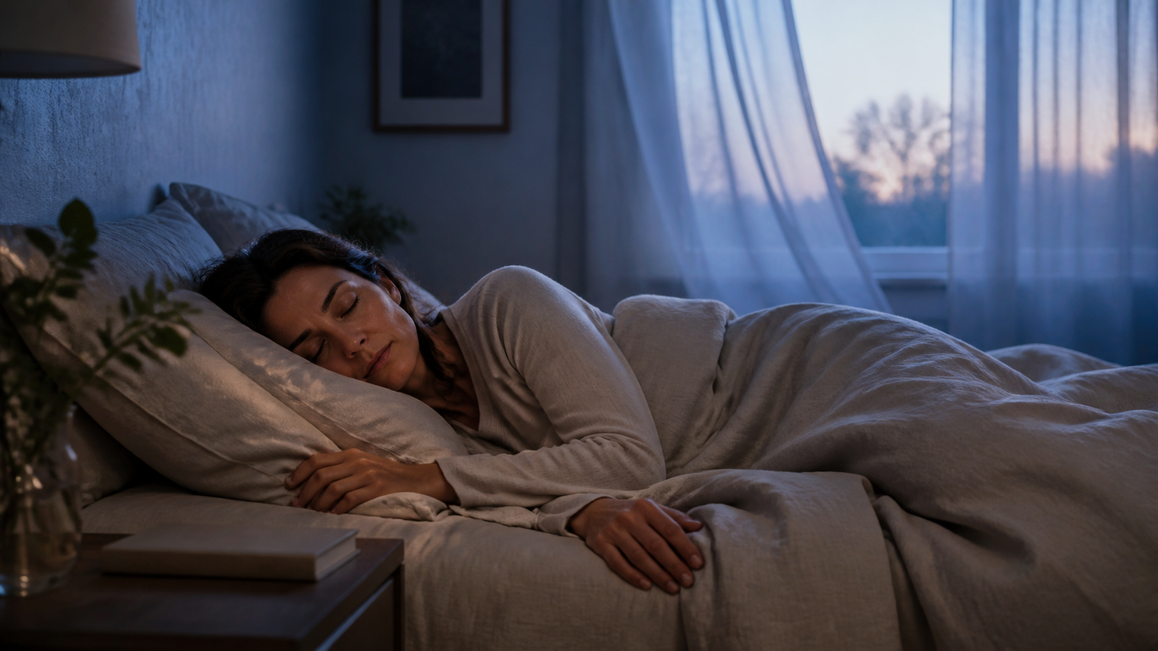 Mara sleeps peacefully in a quiet bedroom before dawn