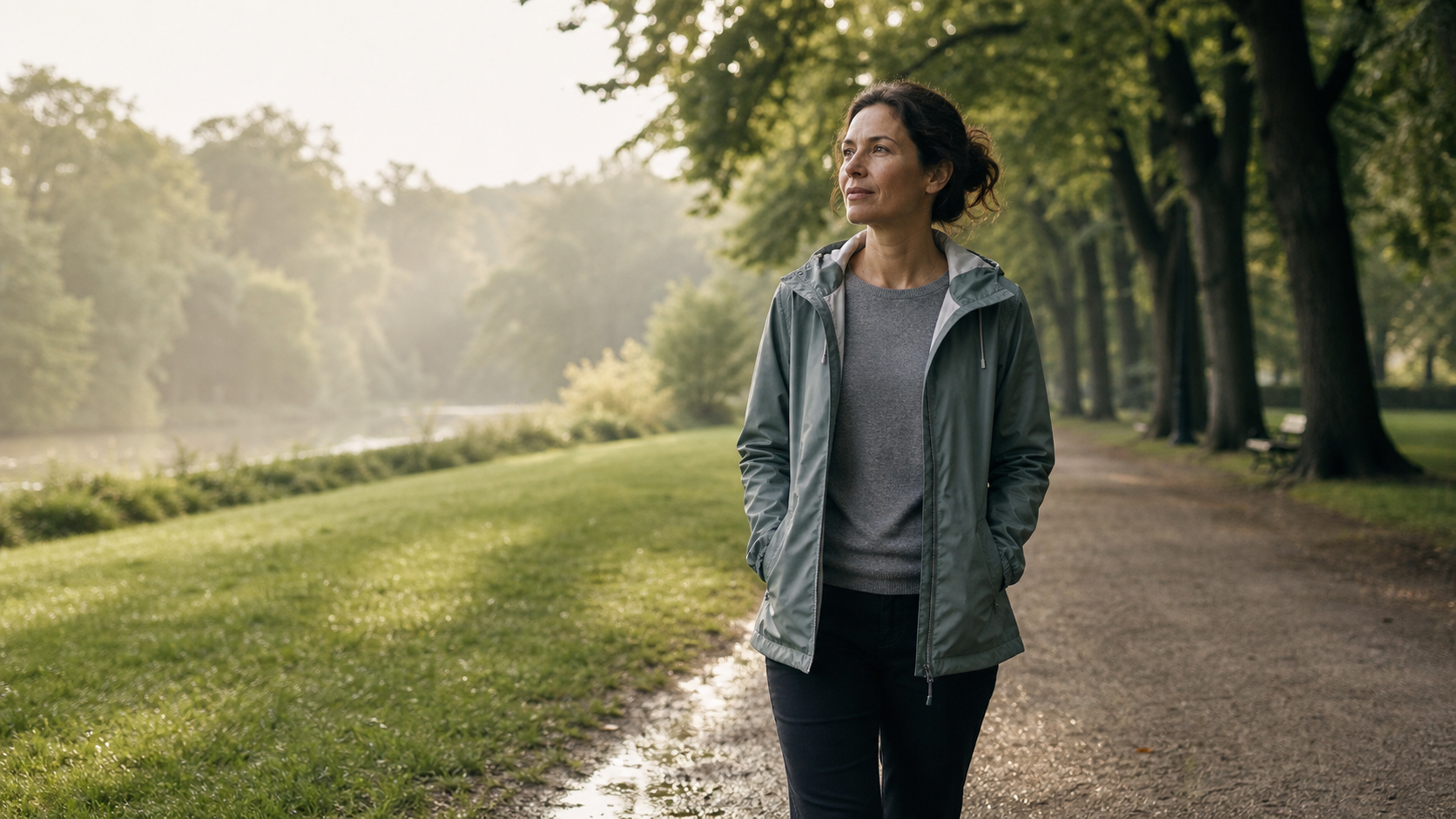 Mara pauses during a calm morning walk through a green city park