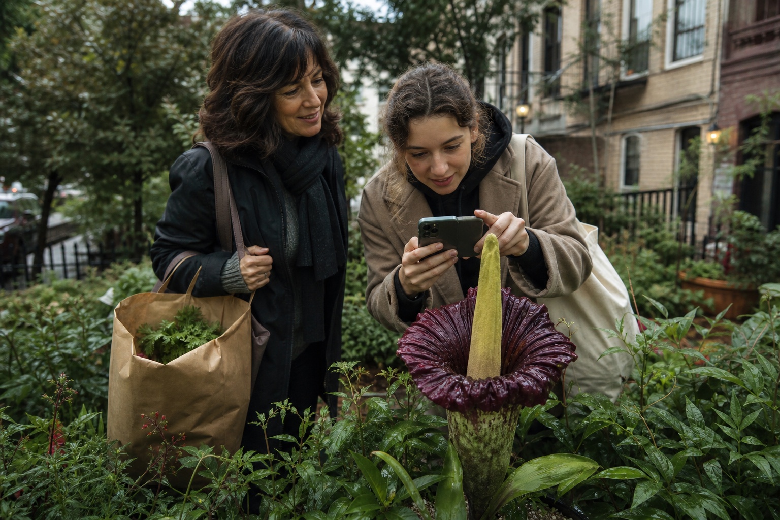 A mother and daughter identify an unusual flower in a neighborhood garden