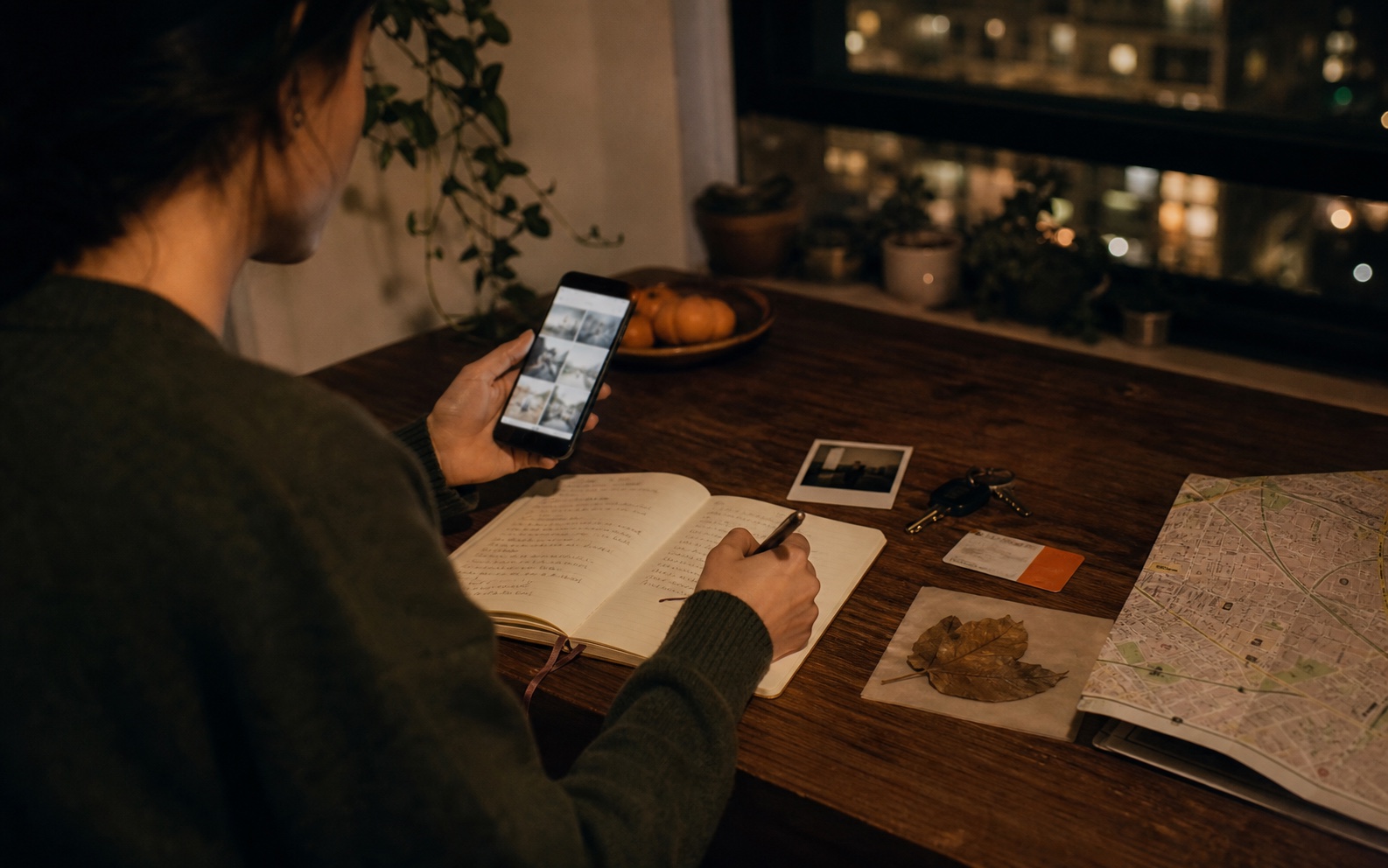 Writing an evening journal at home with photographs and a city map