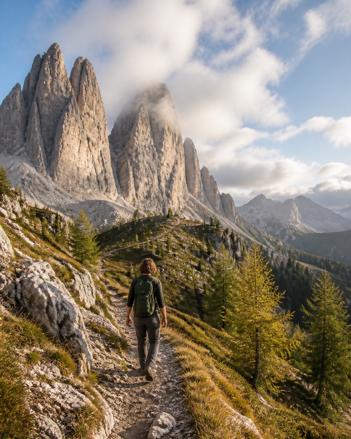 A hiker follows a morning trail through the Dolomites