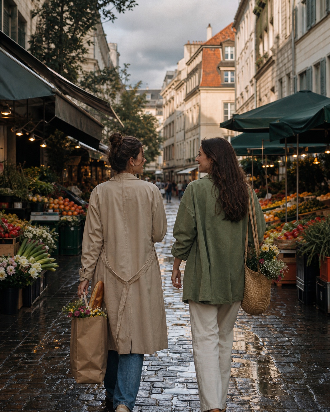 Two friends walk through a neighborhood market after rain