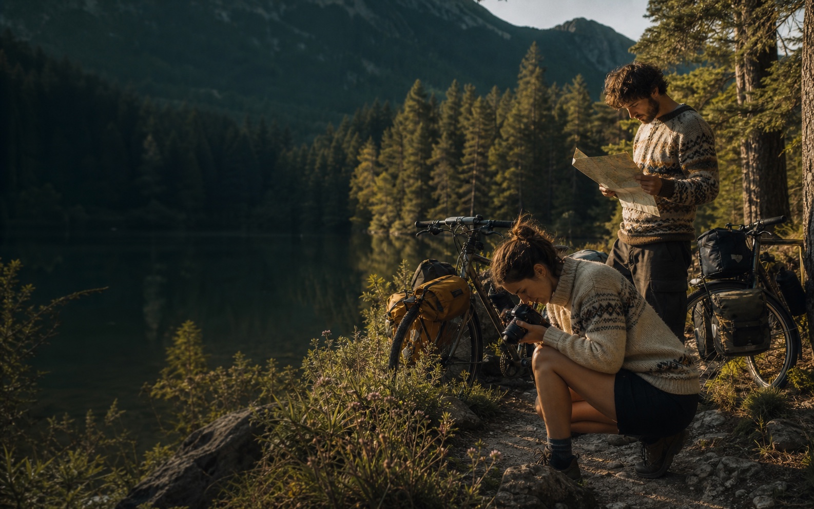 Friends with bicycles beside a mountain lake