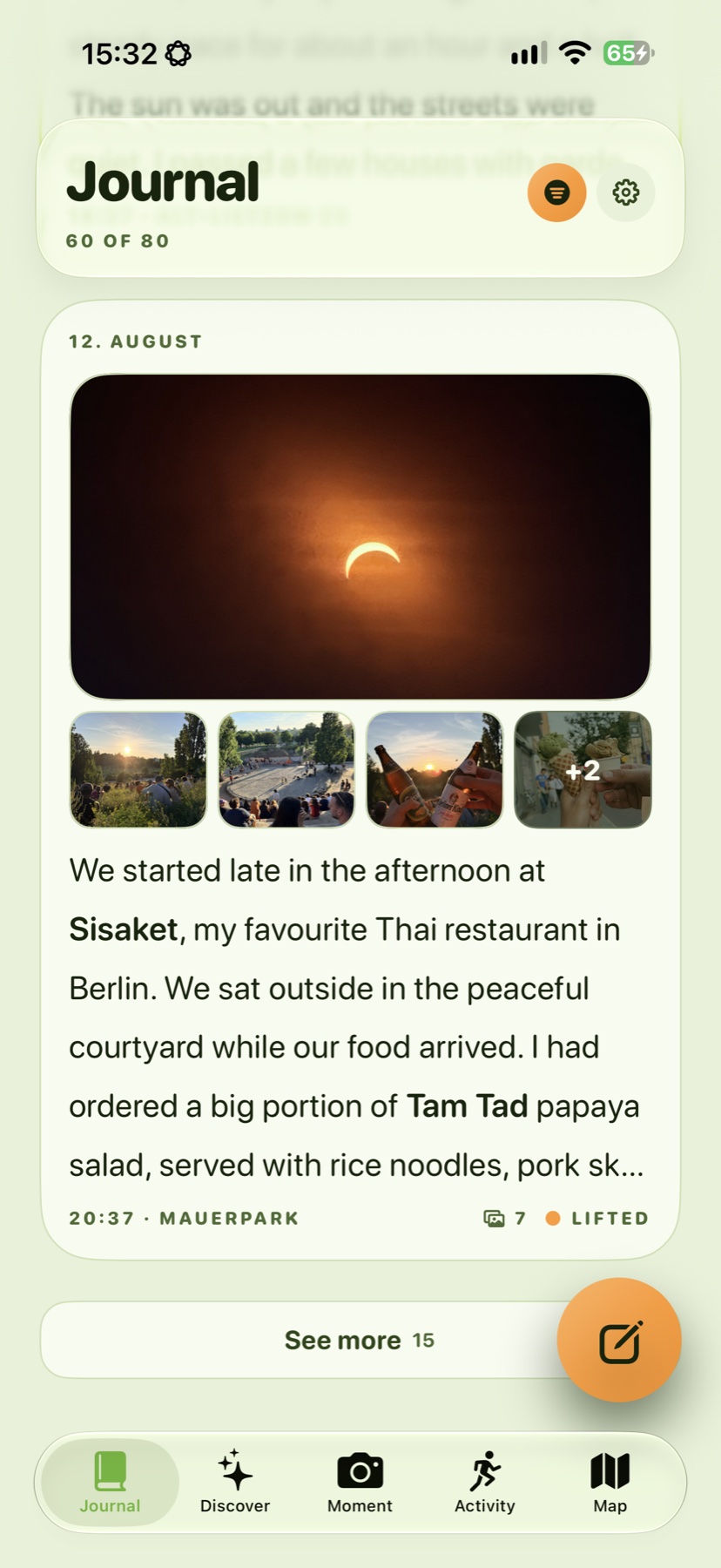 Wegmarke Journal screen with a personal photo story