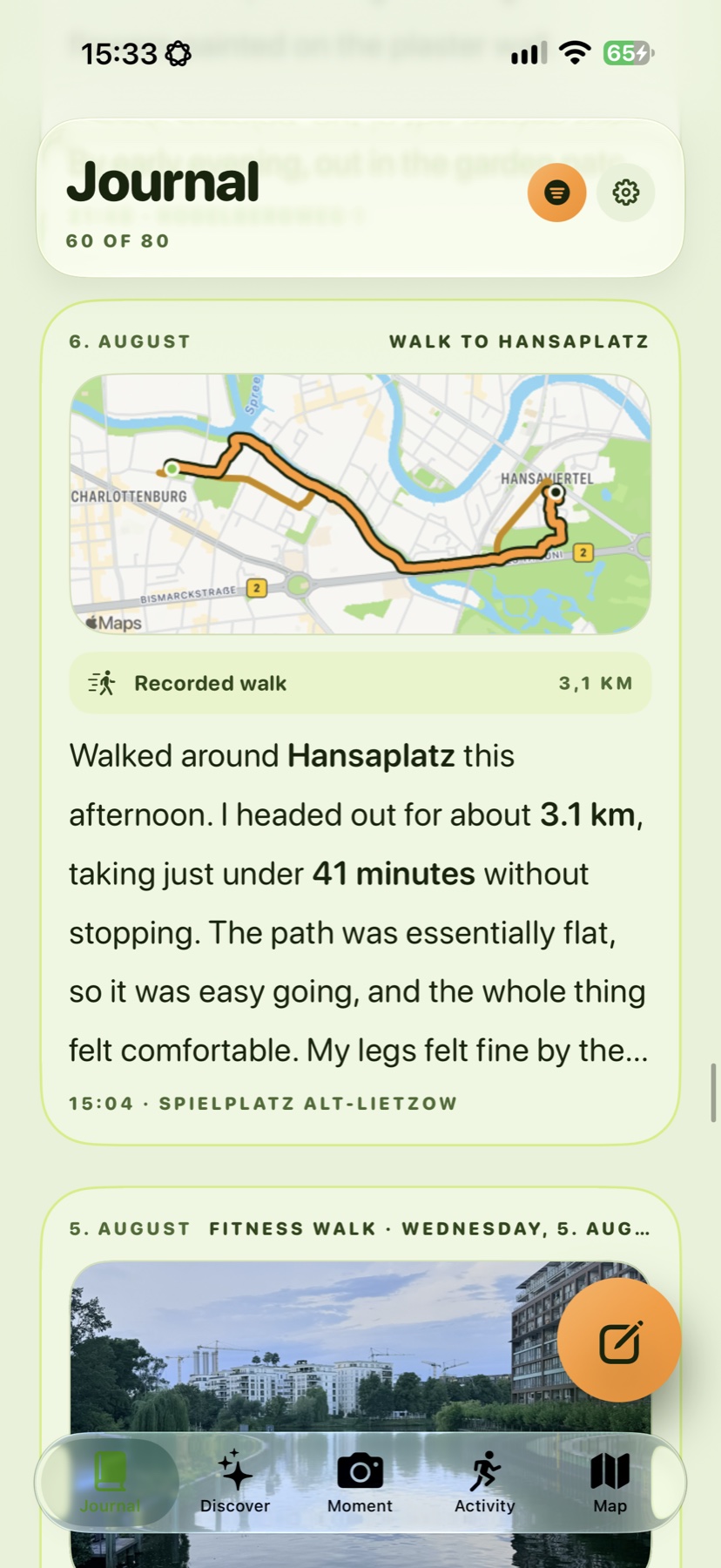 Wegmarke Journal screen with a saved walking route