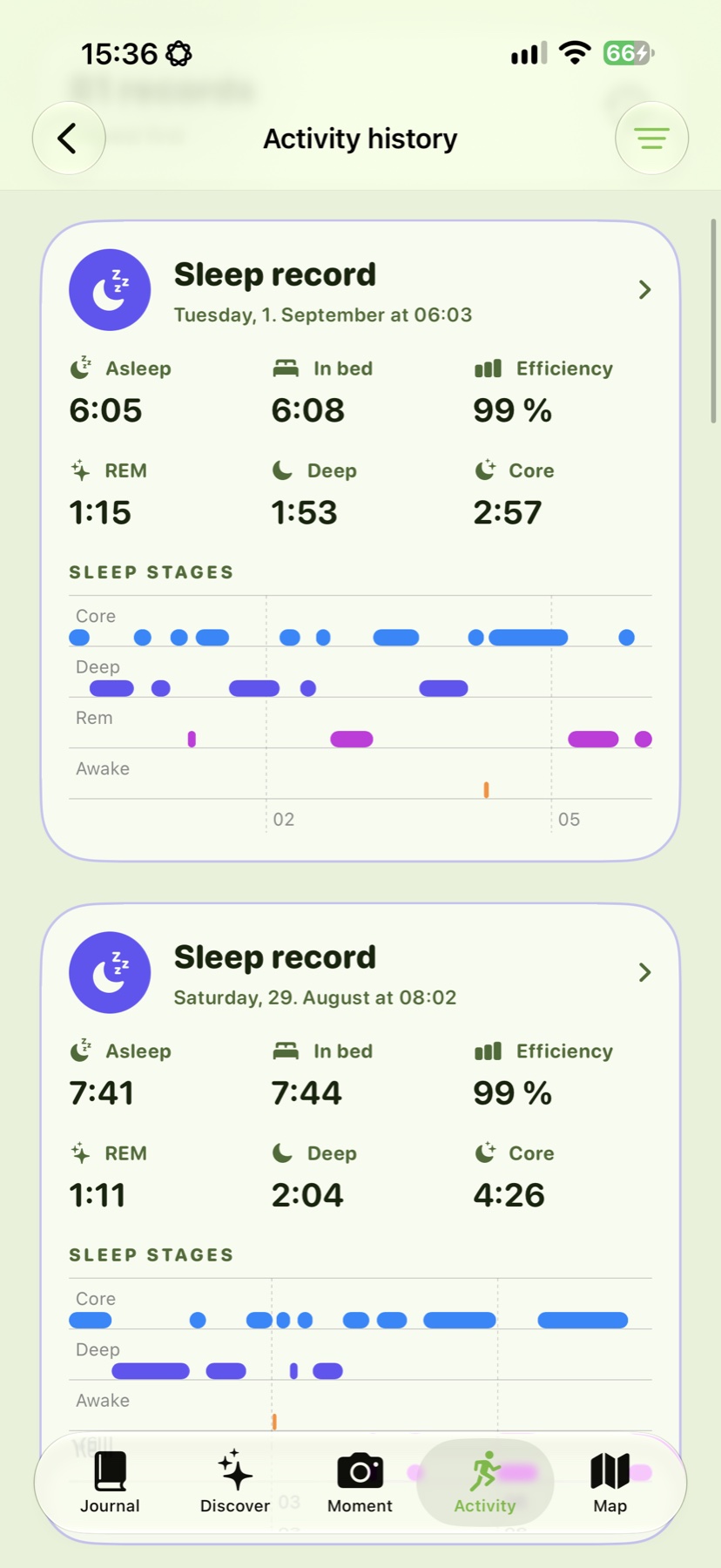 Real Wegmarke sleep history screen