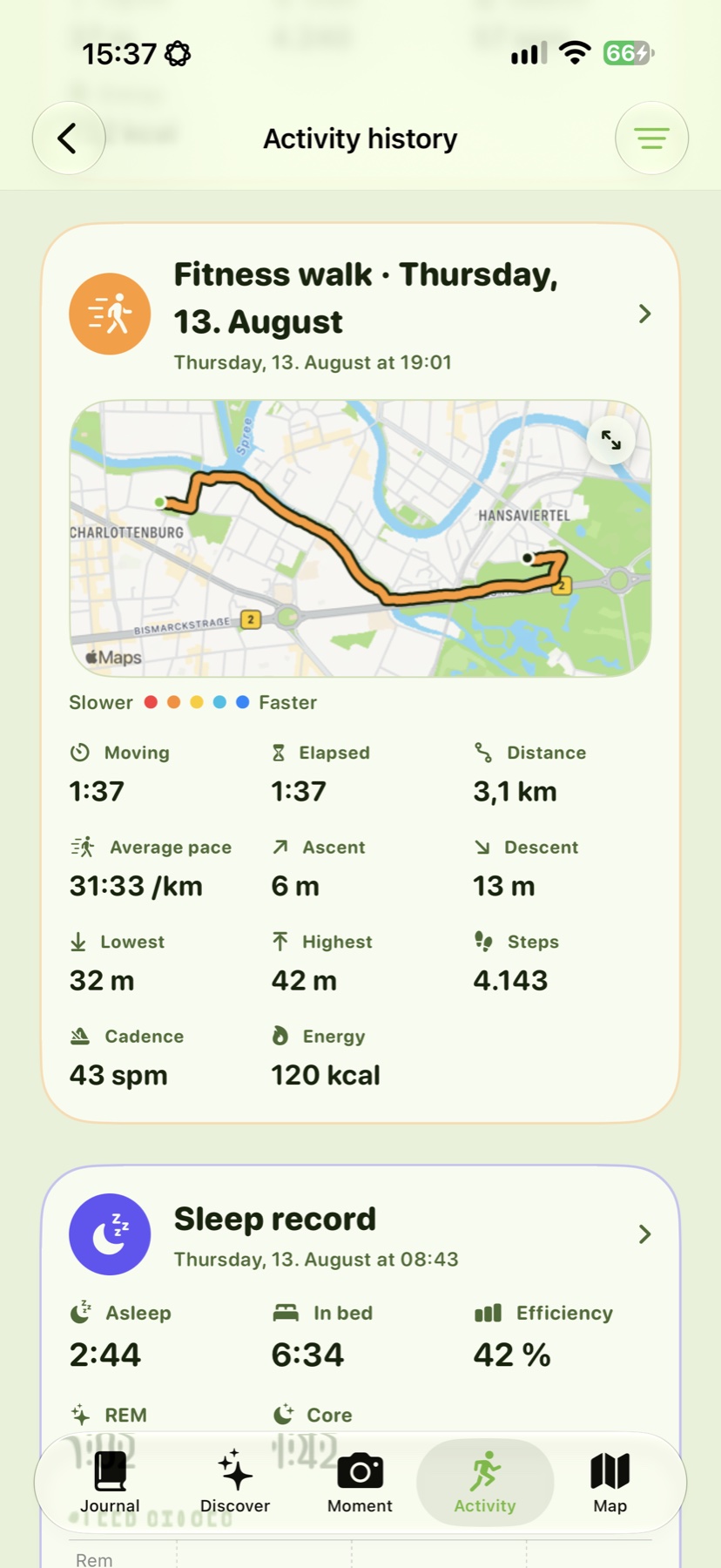 Real Wegmarke fitness walk history screen
